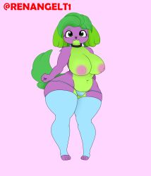 4_toes alternate_species anthro black_nose breasts canid canine collar dog_girl dog_tail domestic_dog ears_down fluffy fluffy_tail green_eyes green_fur green_hair mammal multicolored_fur my_little_pony navel panties pink_areola purple_fur renangelt1 spike_(mlp) thick_thighs thighhighs two_tone_fur