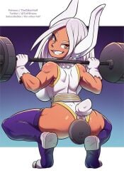 1girls animal_humanoid ass big_butt bunny_ears bunny_girl bunny_tail clothing costume dark-skinned_female dark_skin exercise gloves lagomorph_humanoid leporid_humanoid looking_at_viewer miruko muscles muscular muscular_female my_hero_academia rumi_usagiyama smile smiling smiling_at_viewer solo solo_female solo_focus squatting the_other_half weightlifting weights white_hair workout