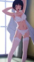 blush bra cleavage female garter_belt lingerie mahou_sensei_negima! medium_breasts panties stitched stockings uq_holder! white_lingerie white_stockings yuuki_karin