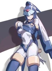 1girls android bodysuit breasts fairy_leviathan mega_man mega_man_zero robot_girl shirt_lift solo_female standing suggestive_look takamiyadaira tight_clothing underboob