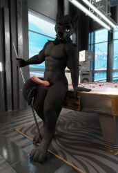 3d_(artwork) abs absurd_res alexthewolf1337 animal_genitalia animal_penis anthro billiards black_body black_fur blender_(software) canid canine canine_genitalia canine_penis canis cue_stick digital_media_(artwork) erection fur genitals green_eyes hi_res knot looking_at_viewer male male_only mammal muscular neck_tuft one_eye_closed penis pose solo tuft wink winking_at_viewer wolf