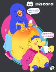 1boy 1girls ass big_breasts blue_hair blue_nipples blush breasts casual_sex cellphone cheating cheating_wife closed_eyes dialogue discord hoodie huge_ass large_breasts milf mug nicechan nipples no_outlines penetration phone phone_call sex smile track_suit yellow_skin