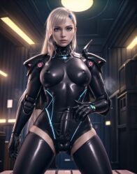 ai_generated big_penis blonde_hair blue_eyes bodysuit bulge cyberpunk futanari futawarp nipple_bulge penis_under_clothes robotic_arm solo_futa thin_waist