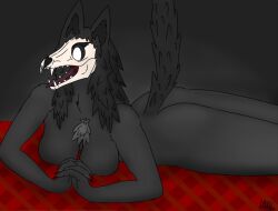 1girls anthro ass bed bed_covers bedding bedroom black_body black_fur black_hair bone butt canid canine female fur furniture hair lying mal0 malo mammal megabrainless monster on_bed scp-1471 scp-1471-a scp_foundation simple_background skull skull_head solo