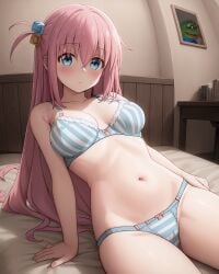 1girls ai_generated bedroom blue_eyes blush bocchi_the_rock! bra breasts gotou_hitori looking_at_viewer nai_diffusion navel panties pepe_the_frog pink_hair seductive stable_diffusion stripes underwear whirlpai