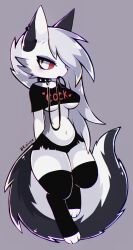 anthro belly black_clothing blush breasts collar crop_top ear_piercing female fluffy_tail goth hellhound helluva_boss koivyx leash loona_(helluva_boss) medium_breasts red_eyes silver_hair slightly_chubby solo squish stockings thick_thighs underboob white_body wolf