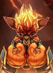 1boy 2023 armor backsack big_ass big_ears bubble_butt clothed fire fluffy_ears fluffy_hair fur furry furry_only hi_res infernal_kennen infernal_series kennen league_of_legends league_of_legends:_wild_rift male ninja orange_fur orange_hair presenting presenting_anus riot_games shortstack smaller_male thecovenanrt thong yordle