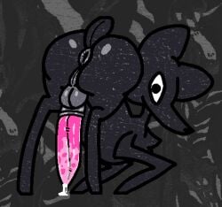 animal_genitalia anus ass ass_up balls big_penis black_body bodily_fluids cum cum_drip digital_media_(artwork) dorothi_(omori) dripping feral fur genital_fluids genitals looking_at_viewer lopus_(artist) low_res male omori penis puffy_anus solo unknown_species