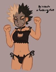 1boy artist_request bikini black_hair buldge clothing crossdressing doodle_world english_text latex_suit male male_only mister_riffraff mister_riffraff_(doodle_world) skimpy_clothes solo text white_hair