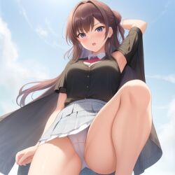 ai_generated blush breasts brown_hair cameltoe carnivalecloudmuncher clothed clothing dezgo_ai dominant_female domination female female_domination long_hair looking_at_viewer original original_art original_artwork panties pov school_uniform schoolgirl skirt skirt_lift solo spread_legs tagme upskirt