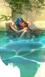 anndr blue_hair censored closed_eyes elf elf_ears elf_male exposed_nipples gay in_water long_hair long_hair_male male male_focus male_only nude original_character outdoors pleasure_face pool red_hair slim smile summer twink twunk water wet yaoi