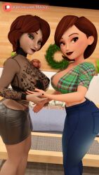 2girls 3d aunt big_ass big_breasts big_hero_6 boobs breasts brown_hair busty cass_hamada crossover curvy daz_studio disney female female_only females_only helen_parr makeup marvel marvel_comics mayvee midriff milf pixar short_hair smooth_skin the_incredibles touching_breast yuri