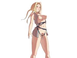 blonde_hair blush breasts clothing condom condom_belt curvaceous curvy curvy_body curvy_figure feet_out_of_frame female female_only he_san_bei_shui kimono legs_together looking_at_viewer mature mature_female mature_woman naruto naruto_(series) naruto_shippuden nipples no_bra no_panties open_clothes partially_clothed pinup short_kimono sleeveless sleeveless_kimono smile solo solo_focus tsunade twintails used_condom voluptuous wide_hips