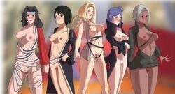 5girls akatsuki_(naruto) bandages black_hair blonde_hair blue_hair blush breasts breasts_out cloak clothing condom condom_belt curvaceous curvy curvy_body curvy_figure dark-skinned_female dark_skin detached_sleeves dress dripping dripping_pussy feet_out_of_frame female female_only forehead_protector genital_fluids he_san_bei_shui headband kimono konan kurenai_yuhi legs_together light-skinned_female light_skin looking_at_viewer mabui mature mature_female mature_woman milf multiple_girls naruto naruto_(series) naruto_shippuden nipples no_bra no_panties open_clothes partially_clothed piercing pinup pussy_juice pussy_juice_drip red_eyes shizune short_kimono silver_hair single_sleeve sleeveless sleeveless_kimono smile take_your_pick tsunade twintails used_condom voluptuous wet wet_pussy wide_hips yuuhi_kurenai