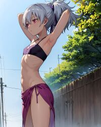 1girls ai_generated armpits bikini breasts darker_than_black female female_only nai_diffusion navel ponytail purple_eyes ribs slim slim_girl small_breasts stable_diffusion whirlpai white_hair yin_(darker_than_black)