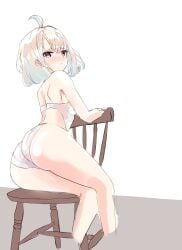 1girls ahoge amechi_(artist) ass ass_focus back back_view bare_back bare_shoulders big_ass big_butt blue_hair blush bob_cut butt_focus enna_alouette exposed_back exposed_shoulders hi_res highres looking_back nijisanji nijisanji_en purple_eyes short_hair sitting sitting_on_chair sketch solo solo_female solo_focus two_tone_hair underwear viewed_from_behind virtual_youtuber white_hair white_panties white_underwear