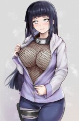 bandaged_leg bandages bangs big_breasts black_hair blue_pants blunt_bangs blush breasts cleavage closed_mouth commentary_request embarrassed female fishnet_top fishnets forehead_protector headband_around_neck highres hime_cut holster hyuuga_hinata jacket konohagakure_symbol large_breasts naruto naruto_(series) naruto_shippuden open_clothes open_jacket pants purple_jacket r-binon raised_eyebrows shy solo straight_hair sweatdrop thigh_holster undressing unzipping wavy_mouth white_eyes zipper zipper_pull_tab