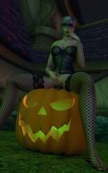 1girls 3d blizzard_entertainment halloween human human_(world_of_warcraft) ifarazon jack-o'-lantern light-skinned_female light_skin looking_at_viewer masturbation morilane original_character ponytail solo stockings warcraft white_hair world_of_warcraft