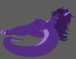 absurd_res anthro anus ass breasts dragon drakya_(voirath) female genitals hair hi_res horn long_hair long_tail lying nails pawpads paws purple_body purple_eyes pussy smile smiling_at_viewer solo spread_butt spread_pussy spreading tail trifeagon voirath