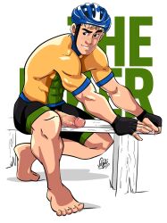 1boy athlete bench biker boner clothed clothing cocky cyclist english_text erect_penis erection hard_on lad male male_only muscles muscular muscular_male penis_out penis_through_fly veiny_penis velgaty