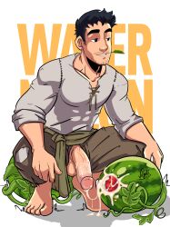 big_cock big_penis circumcised crouching cum cum_covered cum_in_watermelon cum_inside cum_leaking english_text flaccid flaccid_penis food_fetish food_play huge_cock lad leaking_cum male male_only muscles muscular muscular_male penis_out post_orgasm straw_in_mouth veiny_penis velgaty watermelon