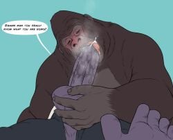 2022 69_position anthro ape ball_fondling balls blush bodily_fluids breath_cloud brown_body closed_eyes cum cum_drip dialogue dripping duo english_text erection faceless_character faceless_male fondling genital_fluids genitals gorilla haplorhine hatching_(art) head_tilt hi_res humanoid_genitalia humanoid_penis licking low-angle_view male male/male mammal maychin nude oral penile penis penis_lick primate saliva saliva_on_penis sex shaded simple_background solo_focus text tongue tongue_out