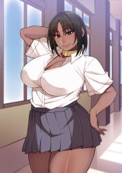 1girls cleavage dark-skinned_female exotic hand_on_hip huge_breasts korotsuke looking_at_viewer mira_sahar_lilush model_pose school_uniform schoolgirl skirt solo solo_female the_creepy_glasses_girl thick_thighs tribal tribal_jewelry voluptuous voluptuous_female