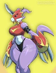 1girls breasts digimon digimon_(species) female female_only flamedramon legs_together looking_at_viewer red_eyes riipley solo thick_thighs thong wide_hips yellow_background