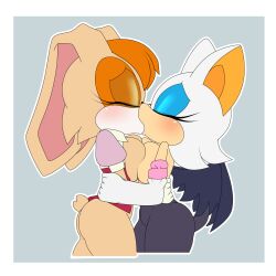 2girls animal_ears bat big_breasts blush breast_press breasts clothing female female/female female_only furry kissing large_breasts lluanhyperzero rabbit rouge_the_bat sonic_(series) tagme vanilla_the_rabbit yuri