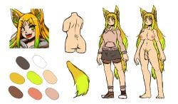 1futa anthro ass big_breasts breasts canid canine clothing footwear fox futanari genitals gynomorph hair hi_res intersex komenuka_inaho komenuka_inaho_(komenuka_inaho) mammal model_sheet multicolored_hair penis pubes sharp_teeth shoes solo star_pupils tail teeth two_tone_hair