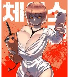 1girls big_breasts bob_cut breasts breasts_bigger_than_head busty chainsaw_man child_bearing_hips cleavage curvaceous curves curvy curvy_body curvy_figure curvy_hips cute demon face_against_breast female female_pubic_hair glowing_eyes hips holding_character holding_object holding_phone huge_breasts japanese_text js4935 kanji large_breasts makima_(chainsaw_man) milf multicolored_background narrow_waist phone pochita_(chainsaw_man) pubic_hair red_hair selfie short_hair shoulder shounen_jump smartphone smile smiling spiral_eyes tagme taking_picture taking_selfie tie_between_breasts unbuttoned unbuttoned_shirt unique_eyes voluptuous voluptuous_female wide_hips yellow_eyes