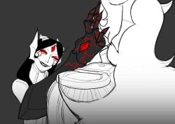 black_hair black_sclera corruption evil_smile fantroll glowing hand_on_head homestuck homestuck_oc horns lipstick mechanical_arm military_uniform ms_paint_adventures possession red_eyes sketch soldierexclipse tagme tech_control white_hair