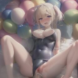 ai_generated anal balloon balloons cum_in_ass looner on_bed one_piece_swimsuit pussy_exposed short_hair swimsuit