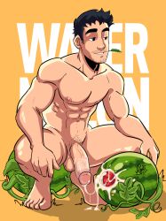 big_cock big_penis circumcised cocky crouching cum cum_covered cum_in_watermelon cum_inside cum_leaking english_text flaccid flaccid_penis food_fetish food_play huge_cock lad leaking_cum male male_only muscles muscular muscular_male nude post_orgasm straw_in_mouth veiny_penis velgaty watermelon watermelon_sex