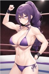 1girls ai_generated asahina_mafuyu bikini choker cleavage female flexing gloves pixai ponytail project_sekai purple_hair ropes self_upload shy sweat toned wrestling_ring