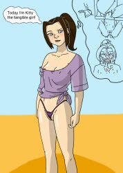 beach breasts brown_hair cameltoe female female_focus imagining kitty_pryde marvel marvel_comics nipples_visible_through_clothing partial_male pussy pussy_juice pussy_juice_trail see-through shadowcat standing straight sunnie thong thought_bubble x-men x-men_evolution