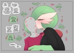 2021 anon anthro dialogue english_text female female_pokemon gardevoir generation_3_pokemon green_hair human human_on_anthro human_on_pokemon kiss kiss_mark kiss_marks kissing larger_female lipstick_mark lots_of_lipstick_marks male pokémon_(species) pokemon pokemon_(species) pokephilia questionably_wholesome saltyxodium size_difference speech_bubble text wholesome