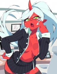 aetherion_art demon demon_girl glasses kneesocks_daemon looking_at_viewer nipples_peek no_bra office_clothing office_lady open_clothes panty_&_stocking_with_garterbelt red_skin thick_thighs white_hair yellow_eyes