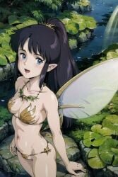 ai_generated beach bikini black_hair blue_eyes breasts clothing fairy fairy_wings female female female_only forest hat headwear high_resolution jewelry large_breasts leaf_bikini retromage solo swimsuit very_high_resolution young