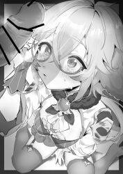 1boy 1girls animal_ears bar_censor blush censored closed_mouth dress erection female genshin_impact glasses gloves greyscale hair_between_eyes highres monochrome multicolored_hair penis penis_awe semi-rimless_eyewear sitting solo_focus straight streaked_hair sucrose_(genshin_impact) sukoyaka93 thighhighs unseen_male_face wariza wide_sleeves