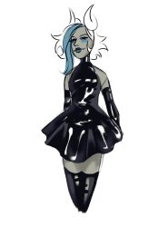 blue_hair blue_lipstick blush clothed clothing dress fantroll gloves homestuck homestuck_oc horn horns latex latex_dress latex_gloves latex_stockings latex_thighhighs lipstick long_gloves ms_paint_adventures multicolored_hair narrowed_eyes opera_gloves sketch small_breasts smirk soldierexclipse stockings tagme thighhighs white_background white_hair zettai_ryouiki