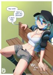 1futa aqua_hair big_penis bikupan black_panties blue_hair breasts bulge cleavage clothed clothing dialogue english_text flaccid frosty_(sharky) fully_clothed futa_only futanari green_eyes hat human large_breasts light-skinned_futanari light_skin looking_at_viewer midriff naughty_face navel necklace original original_character park_bench penis penis_tuck ponytail pov shirt short_shorts shorts sitting smirk smug solo solo_futa speech_bubble spread_legs talking_to_viewer text thick_thighs thighs thong wide_hips