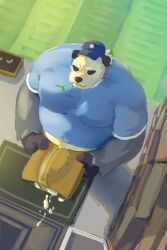 2023 anthro belly big_belly black_body black_nose bodily_fluids bulge clothing cum delivery_(commerce) delivery_employee detailed_background flowamai generation_6_pokemon genital_fluids genital_outline hat headgear headwear hi_res leaf male male_only moobs nintendo overweight overweight_male pangoro penis_outline pokemon pokemon_(species) shirt solo topwear white_body