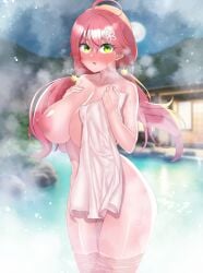 ahoge barseisui blush breasts flower flower_in_hair green_eyes hololive hololive_gen_0 hololive_japan hot_spring huge_breasts long_hair looking_at_viewer nipples onsen open_mouth red_hair sakura_miko small_towel sweat thick_thighs thighs tiny_towel towel virtual_youtuber wide_hips