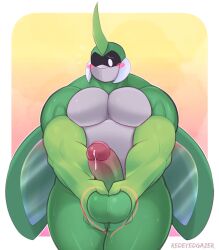 1boy anthro arthropod balls beetle big_breasts big_pecs big_penis blush bug bug_fables chubby chubby_male color colored gay glans green_body green_penis heart heart_hands hi_res highres insects kabbu_(bug_fables) legs_together looking_away looking_down male_focus male_only muscular muscular_arms pecs pectorals penis pink_glans precum precum_drip red_glans red_tint redeyedgazer shy solo solo_focus solo_male vara wings