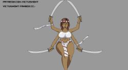 1girls 4_arms abs bracelets brown_hair castlevania castlevania:_aria_of_sorrow closed_eyes dark-skinned_female female female_only goddess hourglass_figure indian_female monster_girl multi_arm multi_limb solo swords thick_thighs toned_female victusmont wide_hips