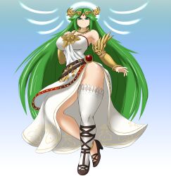 1girls absurdres bangs bare_shoulders blue_background blue_eyes blue_hair bracer breasts dress female female_only full_body gradient_background green_eyes green_hair high_heels highres kailyn kid_icarus large_breasts legs long_hair looking_at_viewer matching_hair/eyes nintendo no_panties palutena parted_bangs side_slit single_thighhigh smile solo speech_bubble standing strapless thighhighs two-tone_background very_long_hair white_background white_dress white_legwear