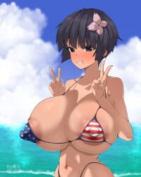 1girls american_flag american_flag_bikini areola areolae ass beach big_areola big_areolae big_ass big_breasts big_nipples bikini bimbo blue_eyes blue_hair blush breasts cleavage clenched_teeth double_v embarrassed embarrassed_nude_female enormous_breasts female_only flower flower_in_hair forced_smile gigantic_breasts huge_areola huge_areolae huge_breasts huge_nipples hyper_breasts large_areola large_areolae large_breasts large_nipples looking_at_viewer massive_breasts micro_bikini milf nanashi_maru nipples outdoors senran_kagura short_hair smile solo stars_and_stripes swimsuit v yozakura_(senran_kagura)