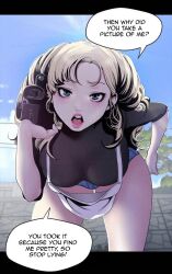 1girls annoyed blonde_hair blue_eyes brave_new_world breasts camera drill_hair english_text female female_focus jin_seo-rin large_breasts long_hair looking_at_viewer outdoors solo text text_bubble yoongonji