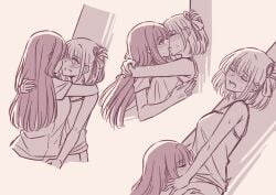 2girls akamirai blush closed_eyes cunnilingus french_kiss hair_ribbon inoue_takina kissing long_hair lycoris_recoil multiple_girls nishikigi_chisato oral ribbon short_hair tongue yuri